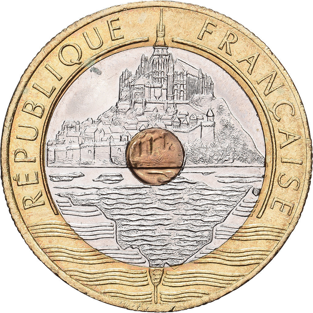 France, 20 Francs, Mont Saint Michel, 1992, Paris, Tri-Metallic, SUP, KM:1008.2