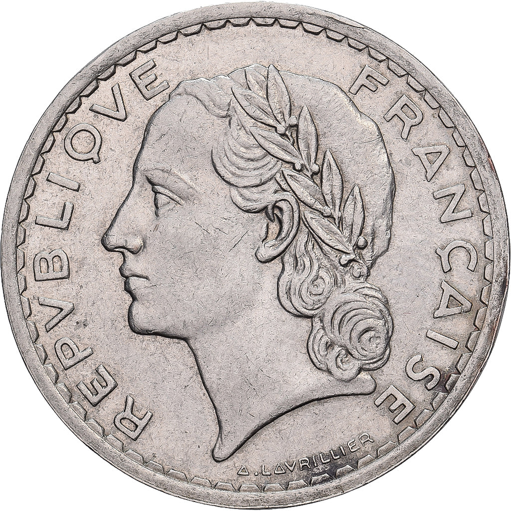 France, 5 Francs, Lavrillier, 1936, Paris, Rare, Nickel, EF(40-45), Gadoury:760