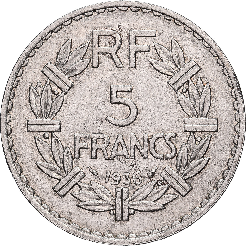 France, 5 Francs, Lavrillier, 1936, Paris, Rare, Nickel, EF(40-45), Gadoury:760