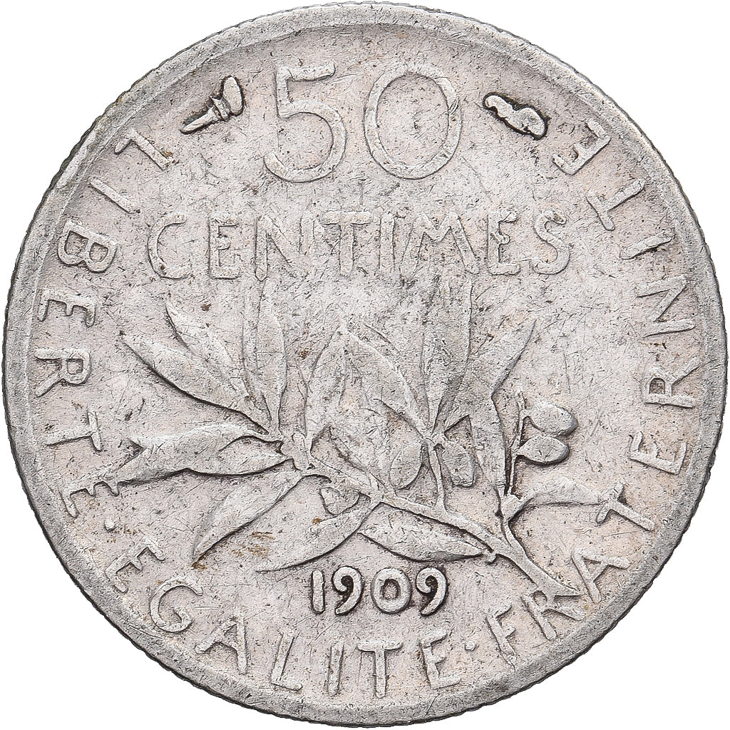 Francia, 50 Centimes, Semeuse, 1909, Paris, Argento, MB+, Gadoury:420, KM:854
