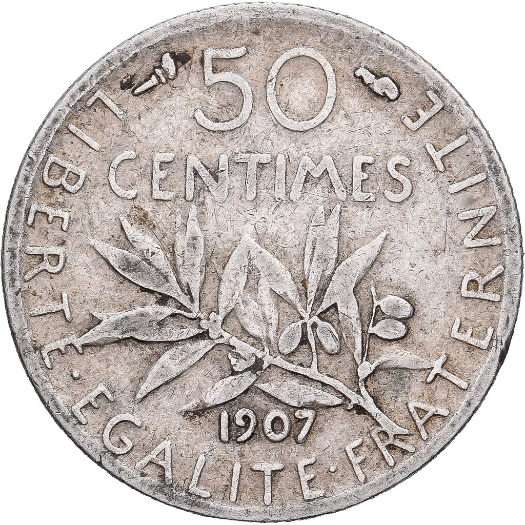 Francia, 50 Centimes, Semeuse, 1907, Paris, Argento, MB+, Gadoury:420, KM:854