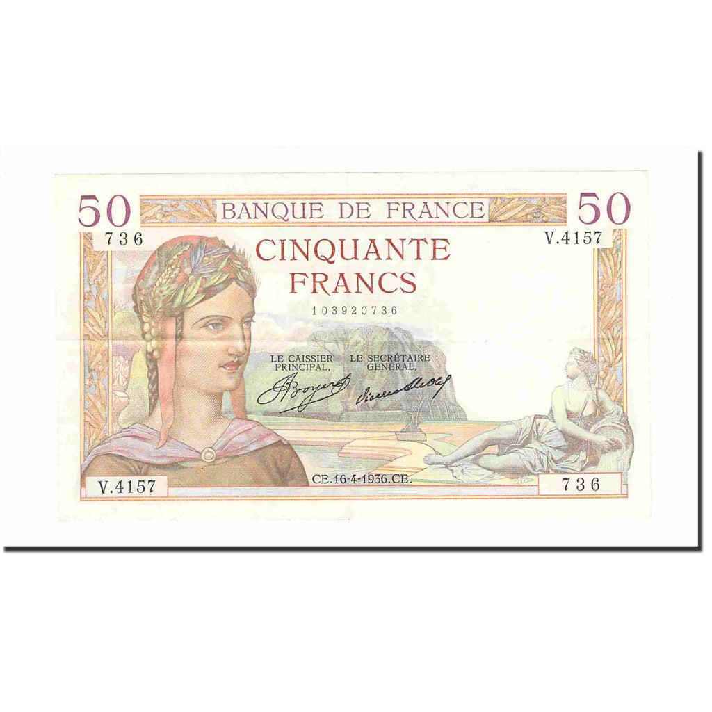 France, 50 Francs, Cérès, 1936, 1936-04-16, UNC(60-62), Fayette:17.24, KM:81