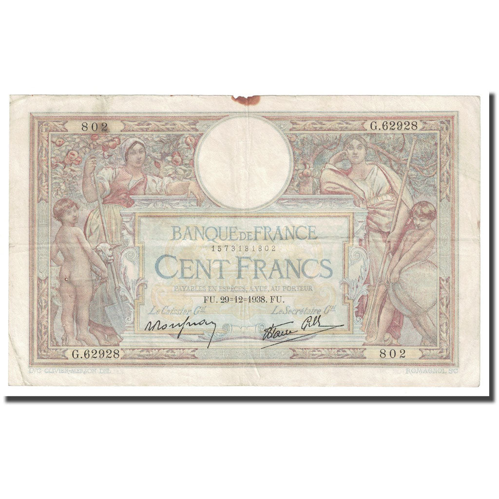 Francia, 100 Francs, Luc Olivier Merson, 1938, 1938-12-29, BB, Fayette:25.37