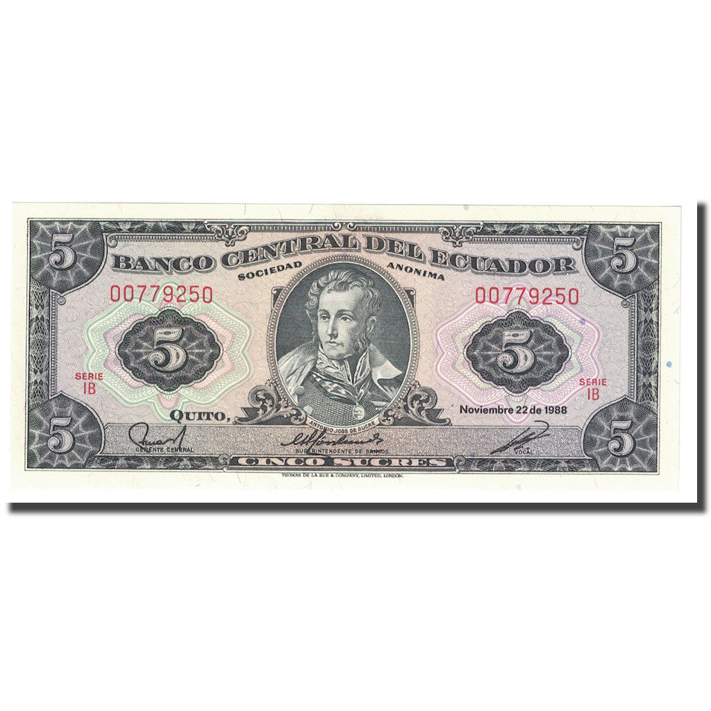 Banknot, Ekwador, 5 Sucres, 1988, 1988-11-22, KM:113d, UNC(64)