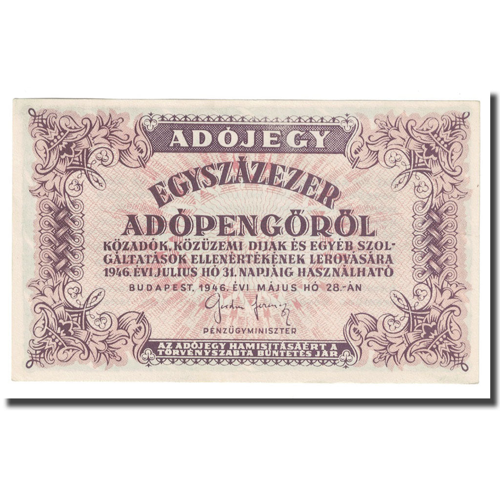 Banknote, Hungary, 100,000 (Egyszázezer) Adópengö, 1946, 1946-05-28, KM:144b