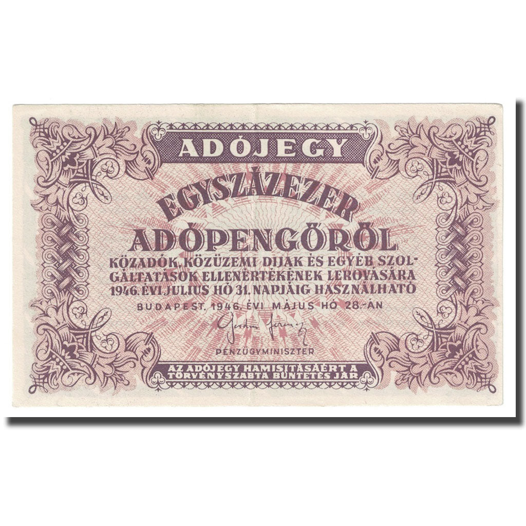 Banknote, Hungary, 100,000 (Egyszázezer) Adópengö, 1946, 1946-05-28, KM:144b