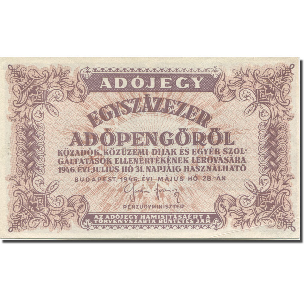 Banknote, Hungary, 100,000 (Egyszázezer) Adópengö, 1946, 1946-05-28, KM:144b