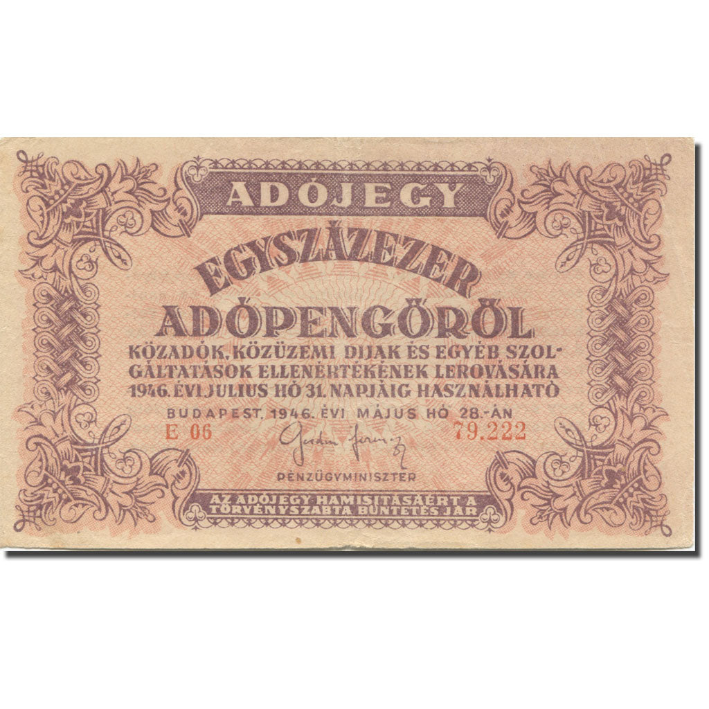 Billet, Hongrie, 100,000 (Egyszázezer) Adópengö, 1946, 1946-05-28, KM:144a