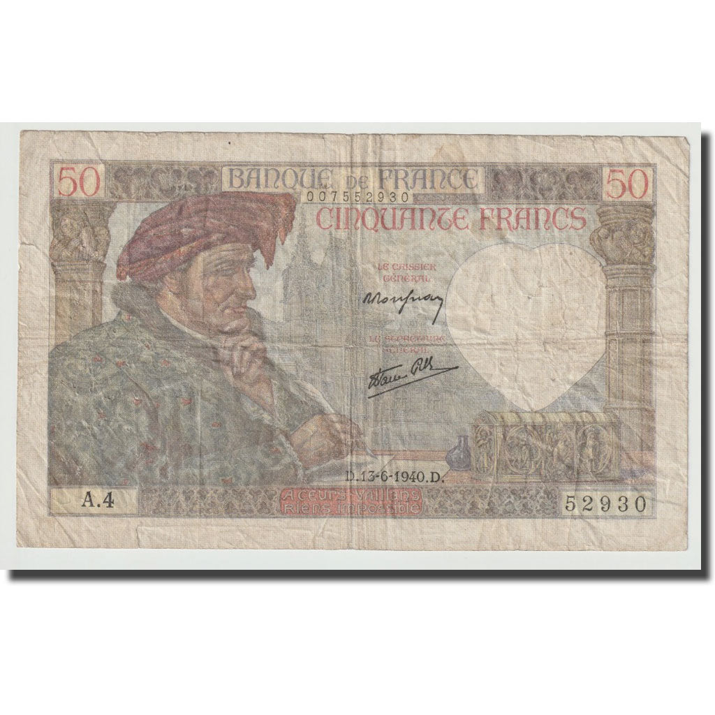France, 50 Francs, Jacques Coeur, 1940, 1940-06-13, TB, Fayette:19.1, KM:93