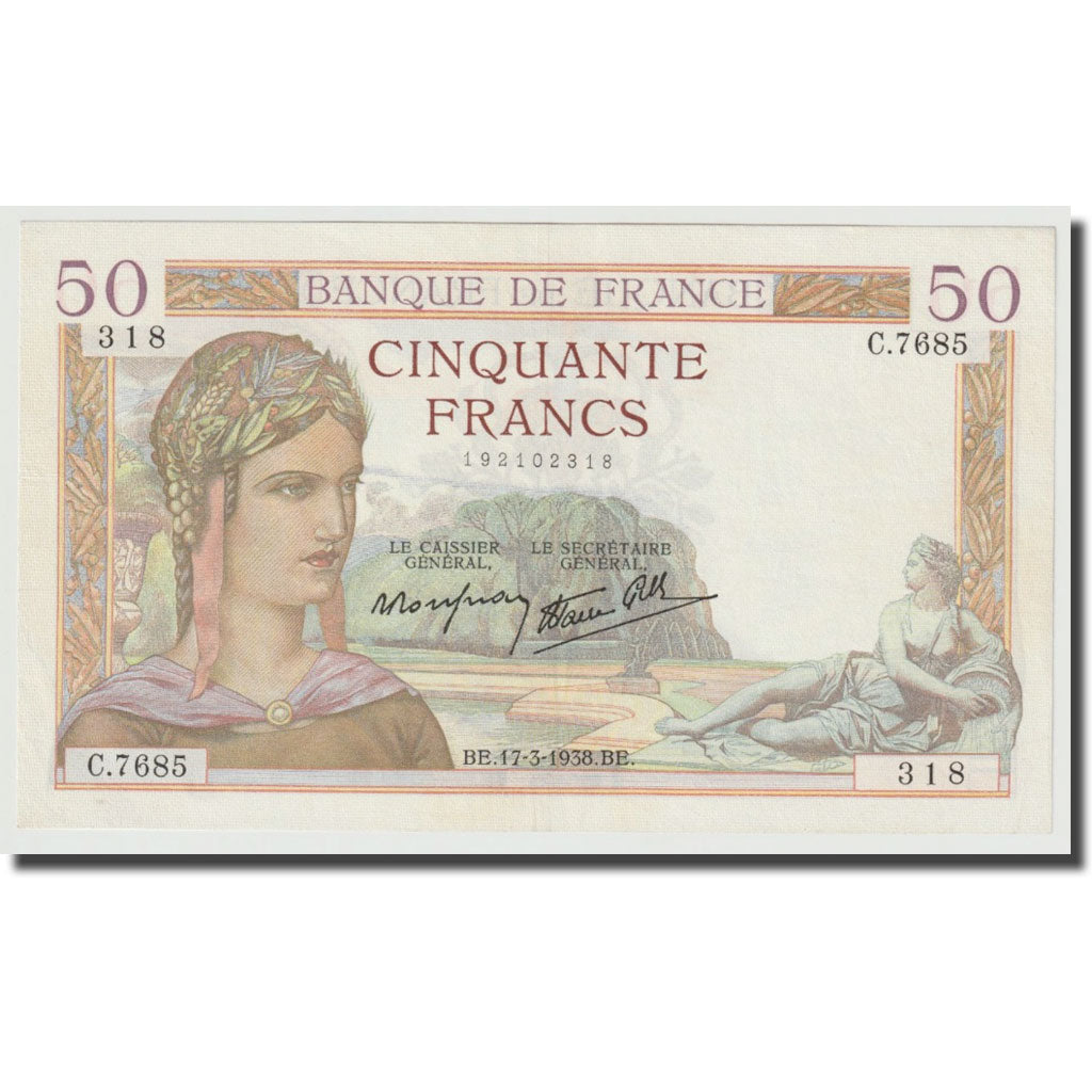 France, 50 Francs, Cérès, 1938, 1938-03-17, UNC(64), Fayette:18.10, KM:85b