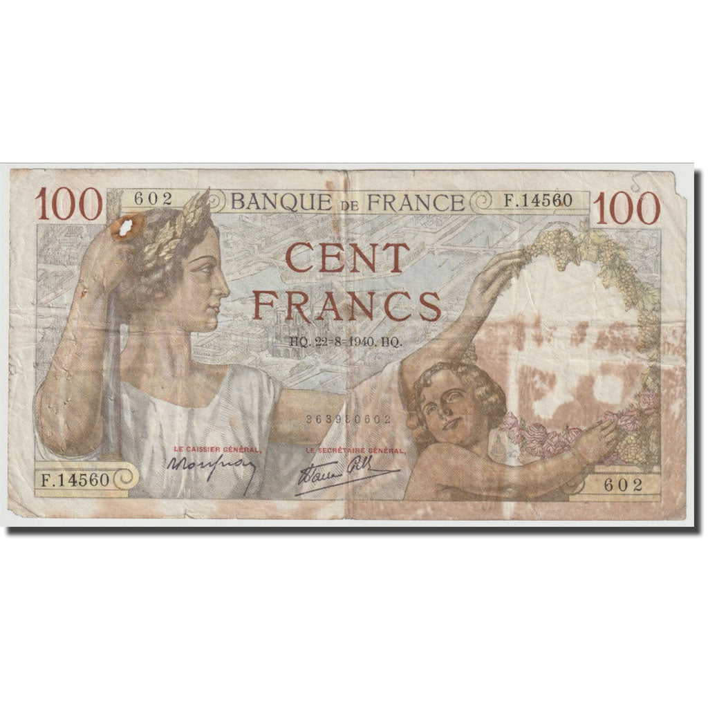 France, 100 Francs, Sully, 1940, 1940-08-22, B, Fayette:26.37, KM:94