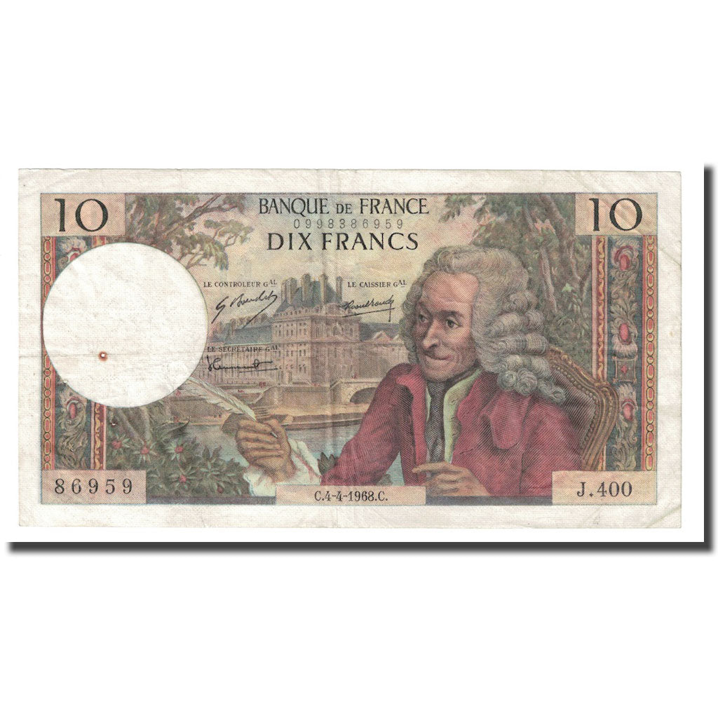 France, 10 Francs, Voltaire, 1968, 1968-04-04, AU(50-53), Fayette:62.32, KM:147c