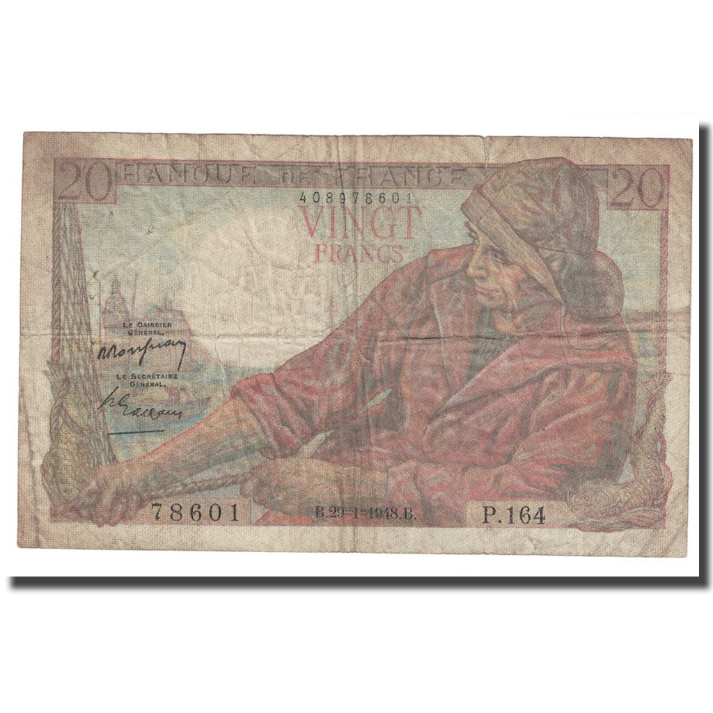 França, 20 Francs, Pêcheur, 1948, 1948-01-29, VG(8-10), Fayette:13.12, KM:100c