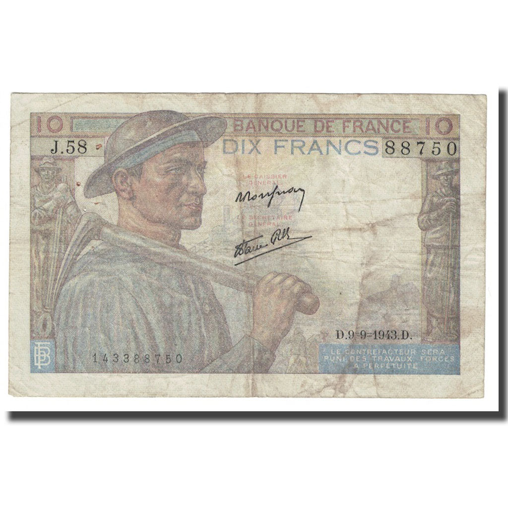 France, 10 Francs, Mineur, 1943, 1943-09-09, TTB, Fayette:8.9, KM:99d