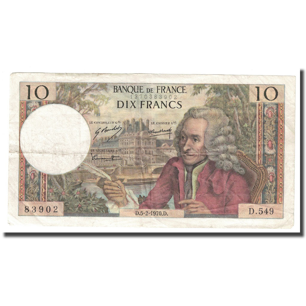 Frankreich, 10 Francs, Voltaire, 1970, 1970-02-05, SS+, Fayette:62.42, KM:147c