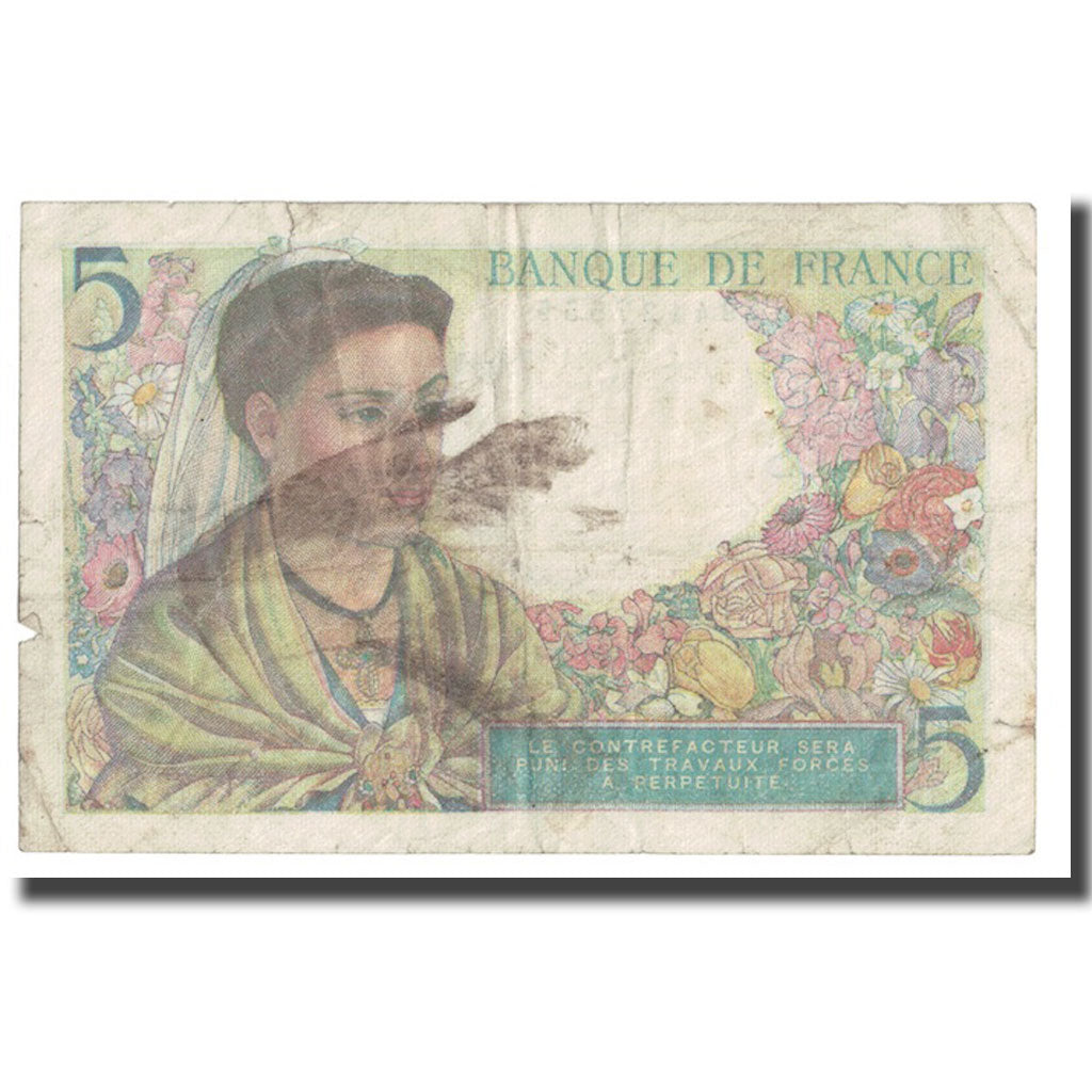 France, 5 Francs, Berger, 1943, 1943-11-25, VF(20-25), Fayette:5.4, KM:98a