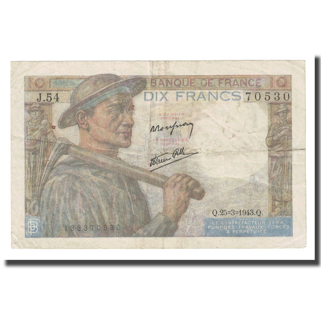 France, 10 Francs, Mineur, 1943, 1943-03-25, VF(30-35), Fayette:8.8, KM:99e