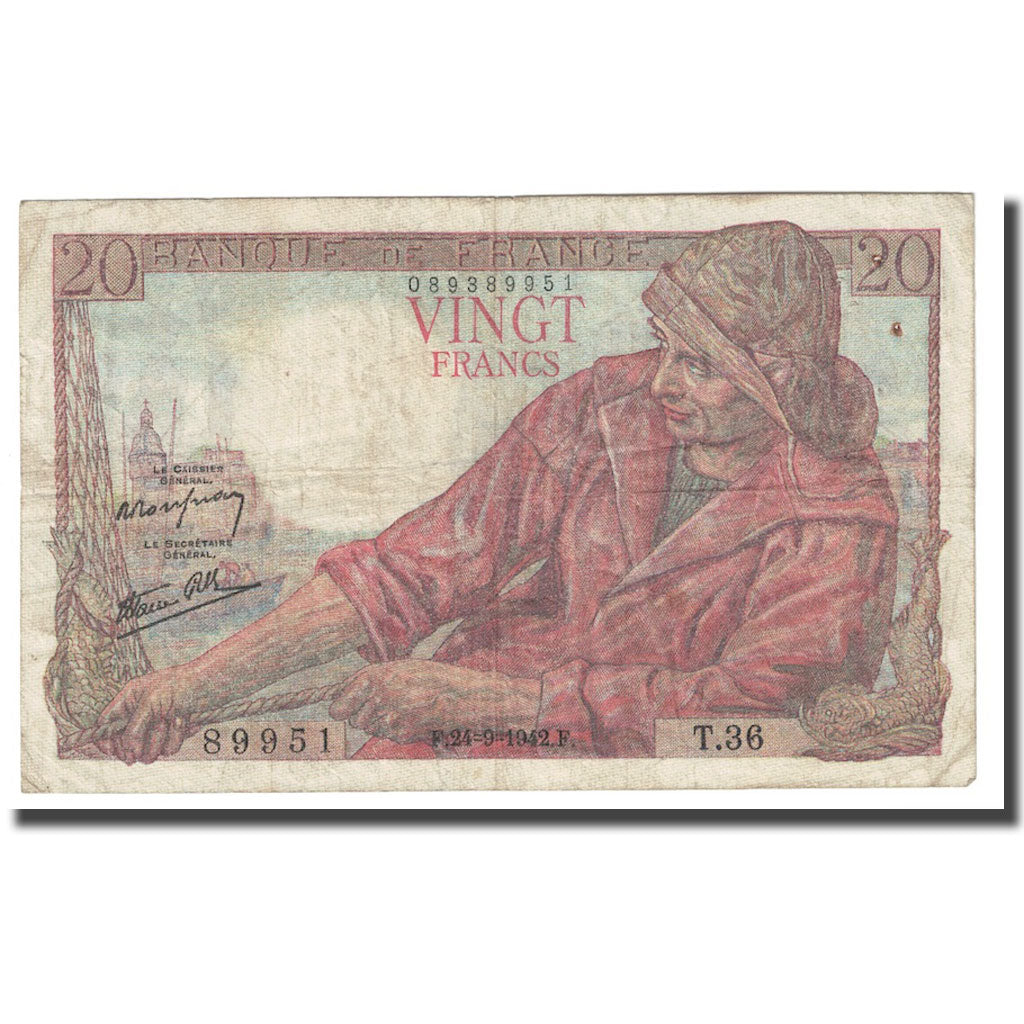 Francia, 20 Francs, Pêcheur, 1942, 1942-05-21, RC, Fayette:13.3, KM:100a