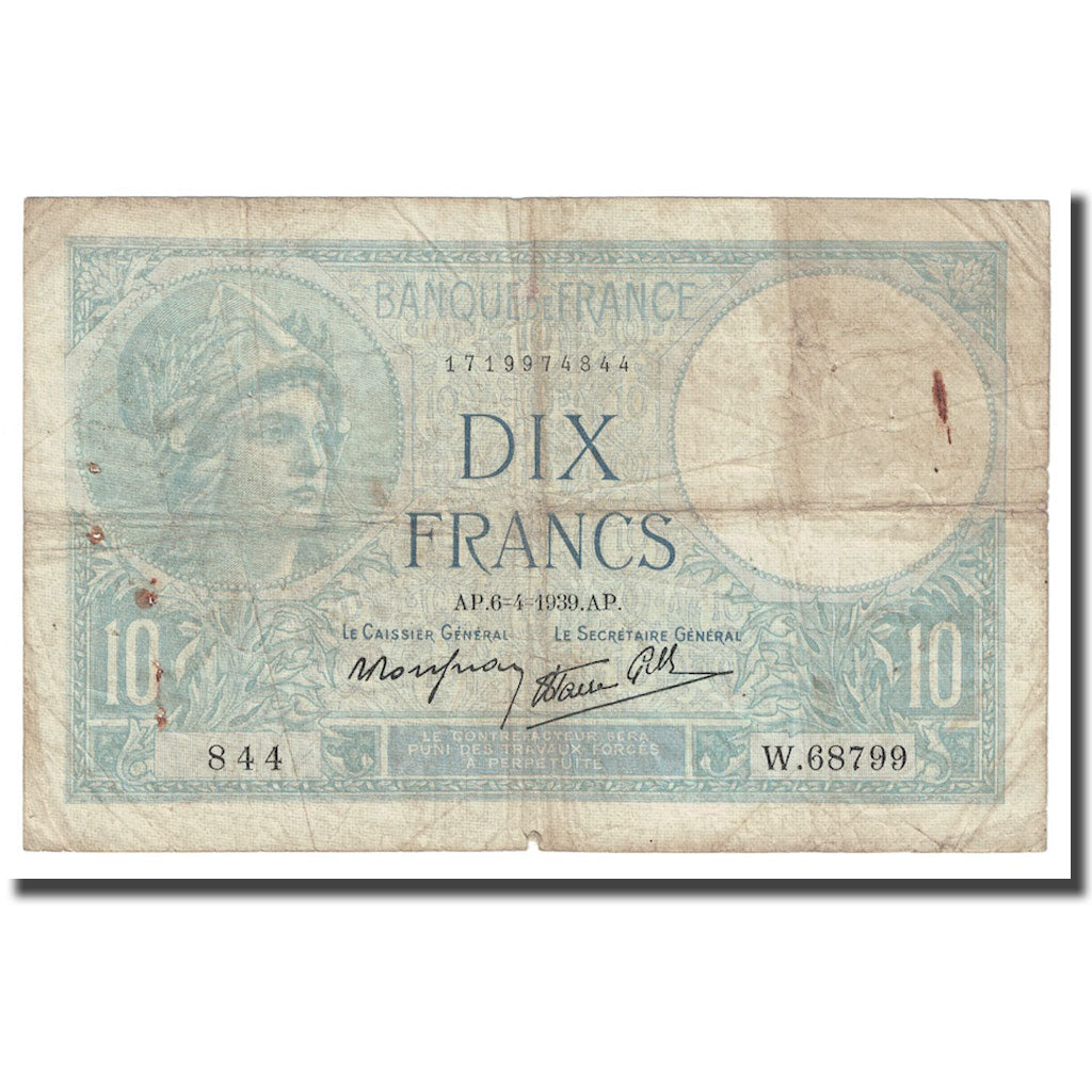 Frankreich, 10 Francs, Minerve, 1939, 1939-04-06, SGE+, Fayette:7.2, KM:84