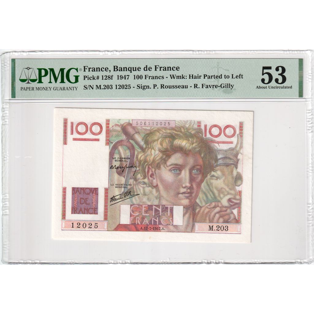 Frankrijk, 100 Francs, Jeune Paysan, 1947-07-17, M.203, AU 53, PMG