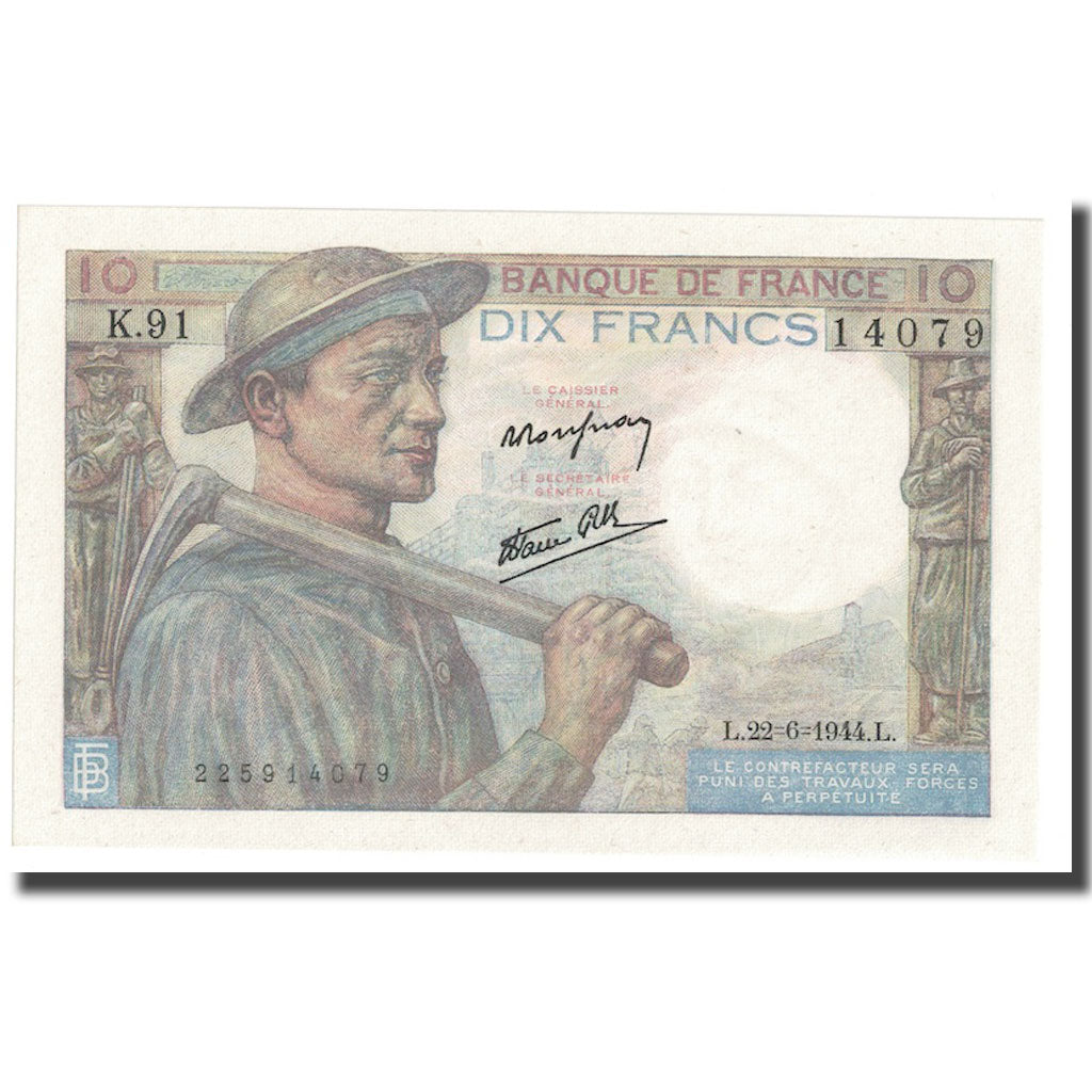 France, 10 Francs, Mineur, 1944, 1944-06-22, NEUF, Fayette:8.12, KM:99e