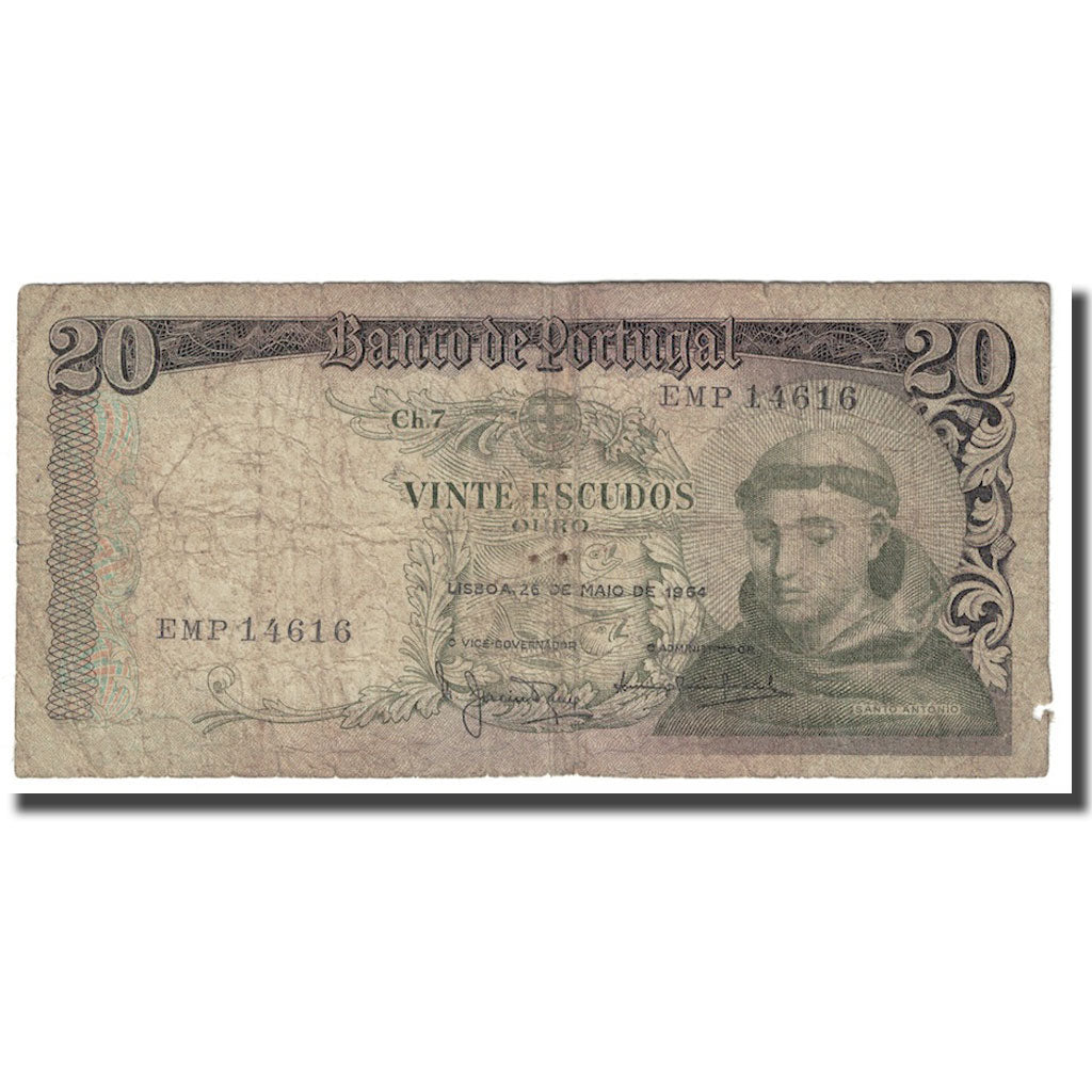 Banknote, Portugal, 20 Escudos, 1964, 1964-05-26, KM:167b, VG(8-10)