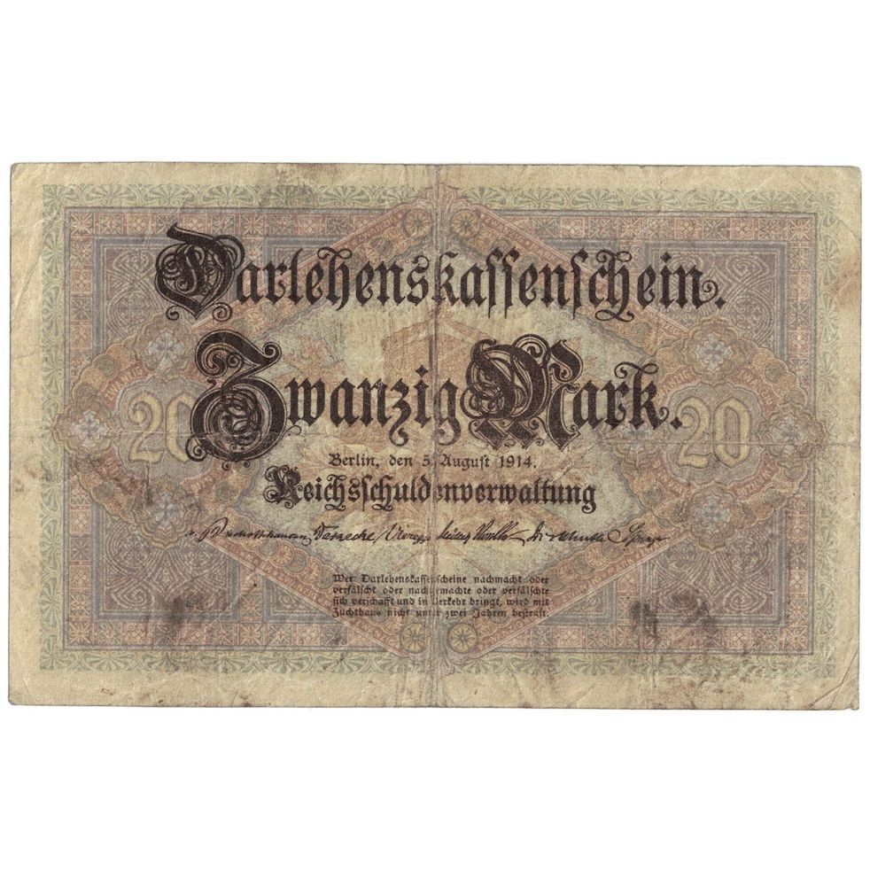 Banknote, Germany, 20 Mark, 1914, 1914-08-05, KM:48b, F(12-15)