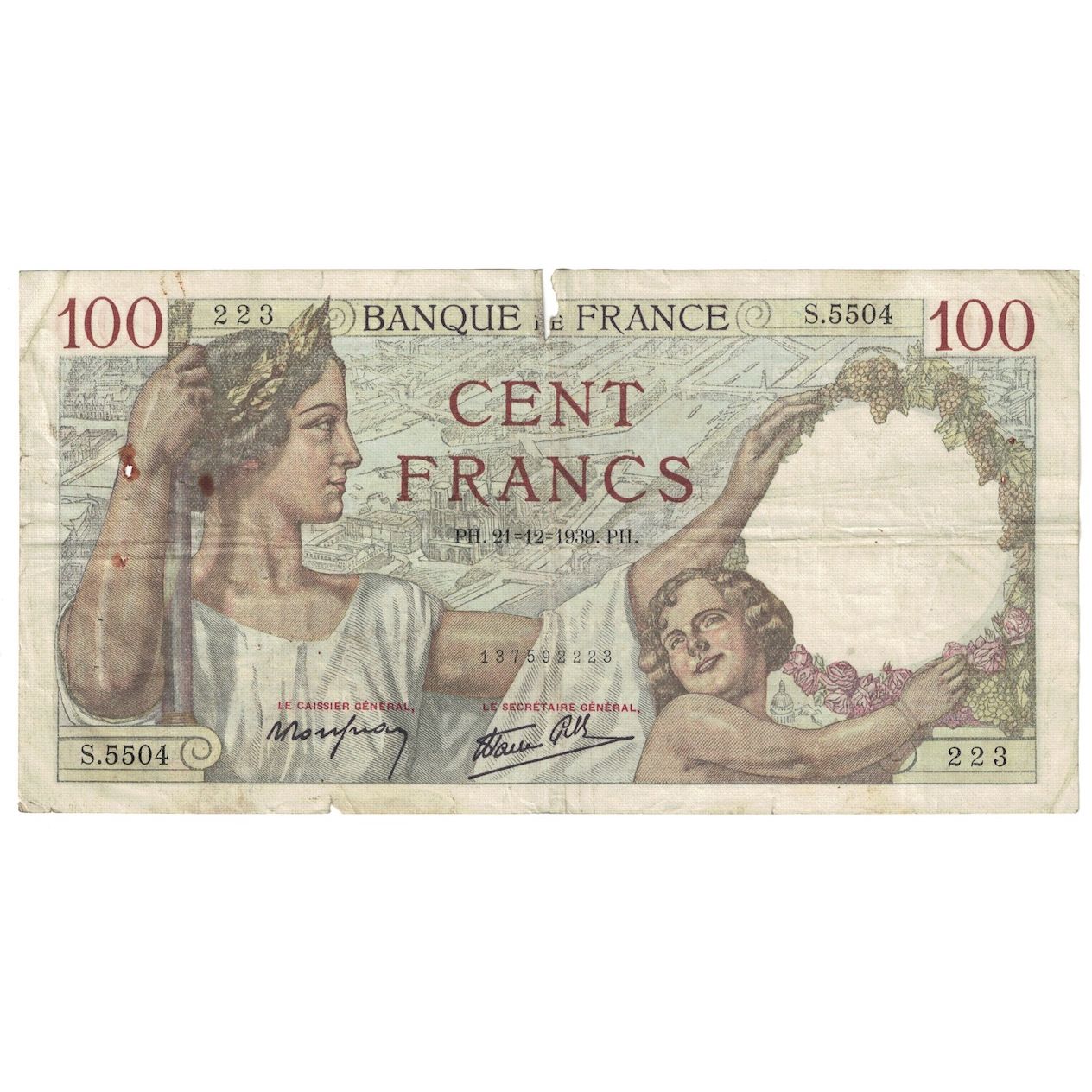 Francia, 100 Francs, Sully, 1939, 1939-12-21, B, Fayette:26.18, KM:94