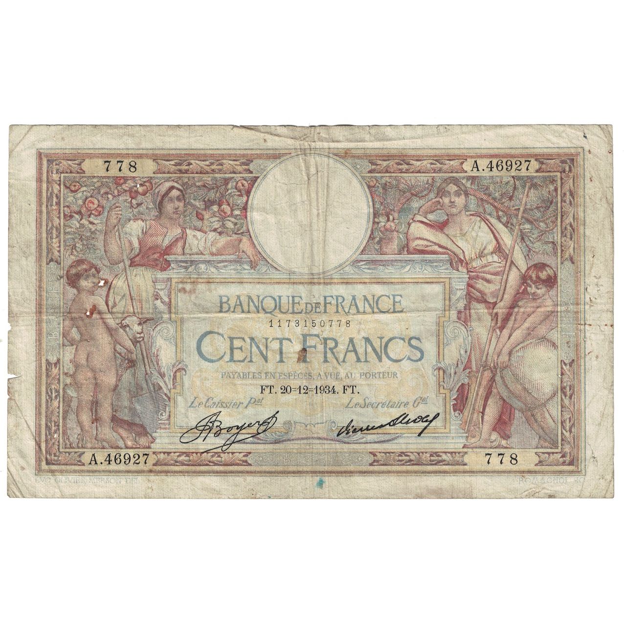 Francia, 100 Francs, Luc Olivier Merson, 1934, 1934-12-20, B, Fayette:24.13