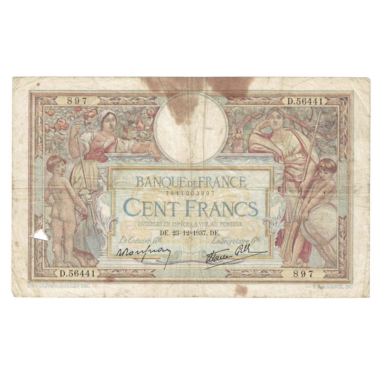 France, 100 Francs, Luc Olivier Merson, 1937, 1937-12-23, VG(8-10)