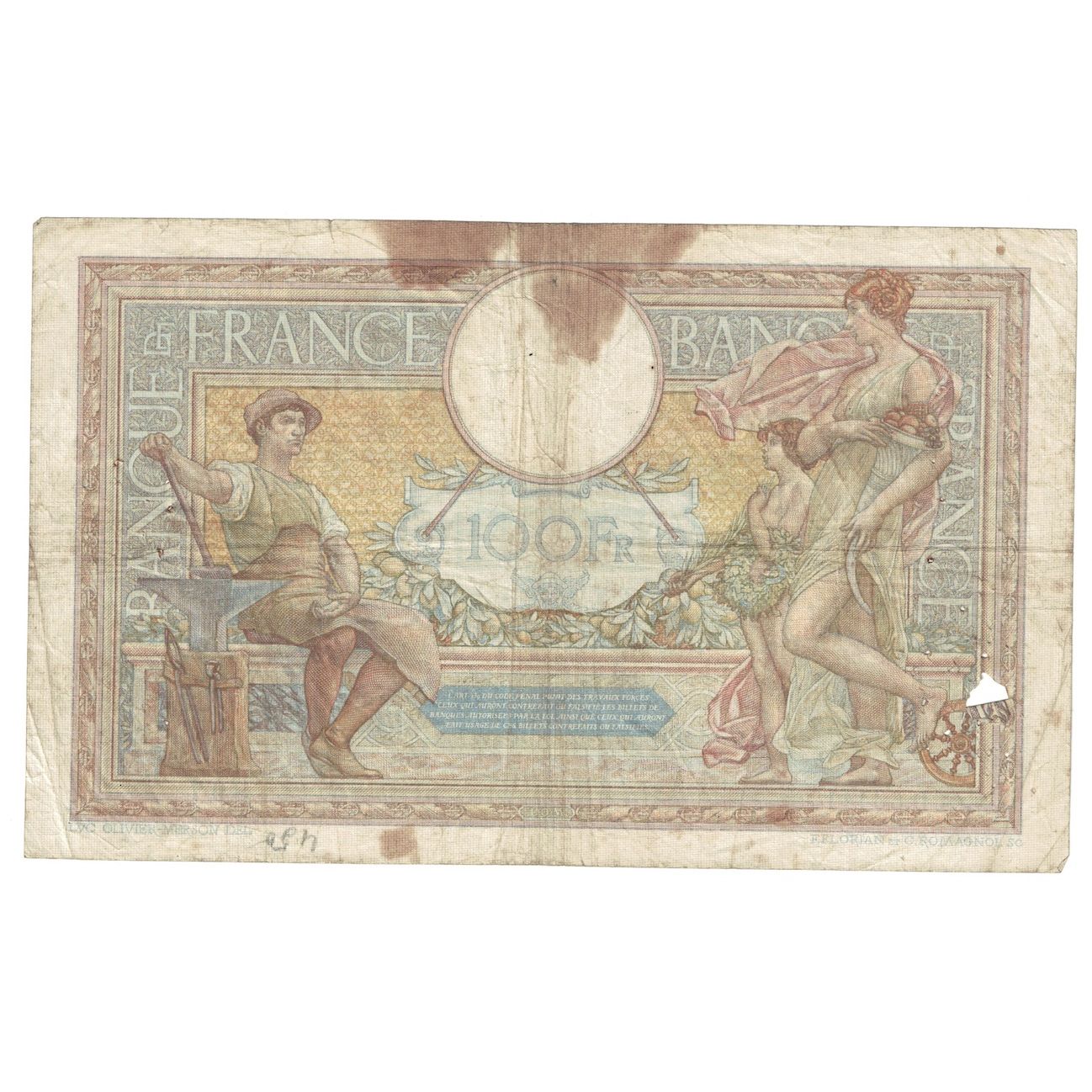 France, 100 Francs, Luc Olivier Merson, 1937, 1937-12-23, VG(8-10)