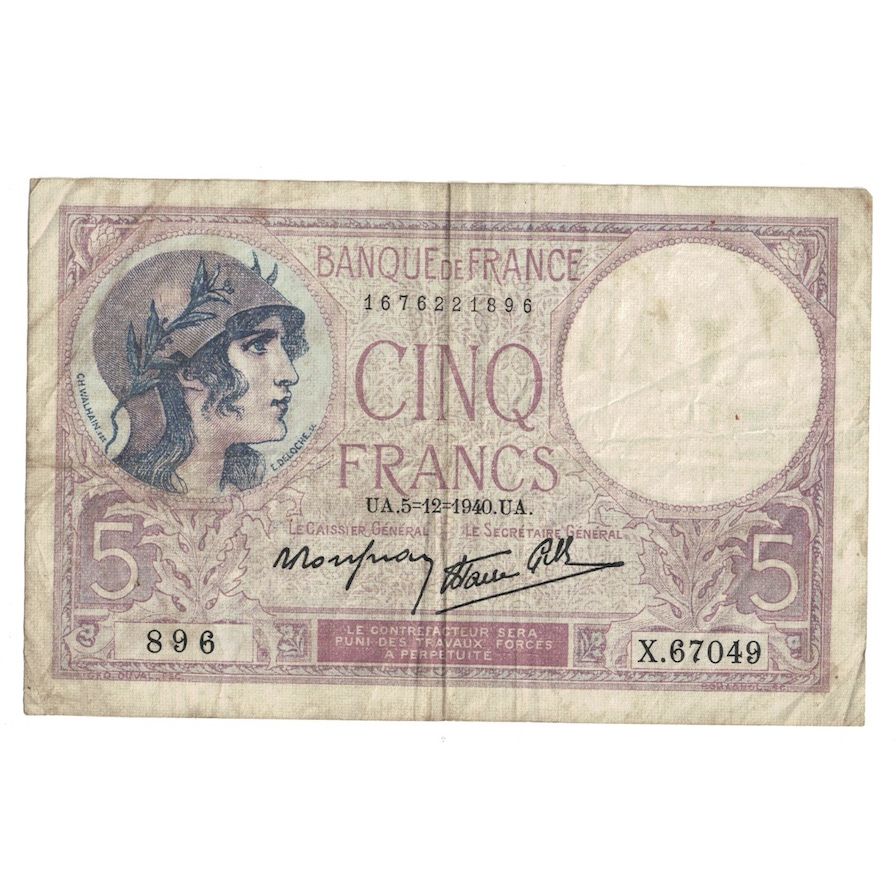 Francja, 5 Francs, Violet, 1940, 1940-12-05, VF(20-25), Fayette:4.16, KM:83