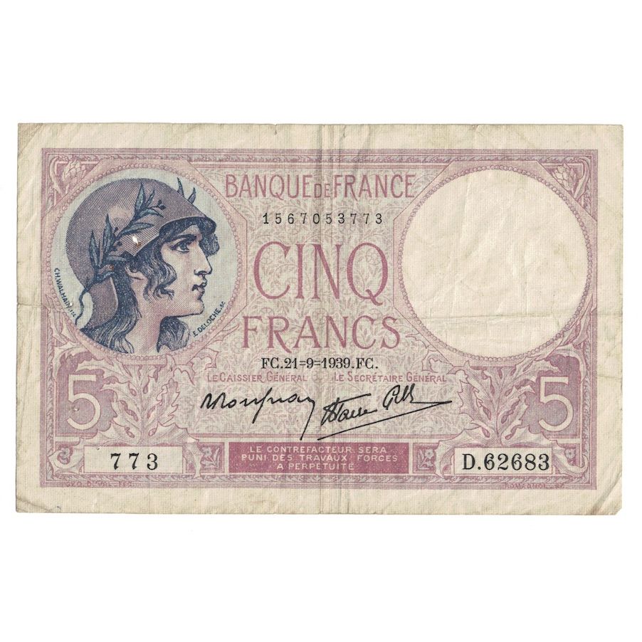 Francja, 5 Francs, Violet, 1939, 1939-09-21, VF(20-25), Fayette:4.16, KM:83