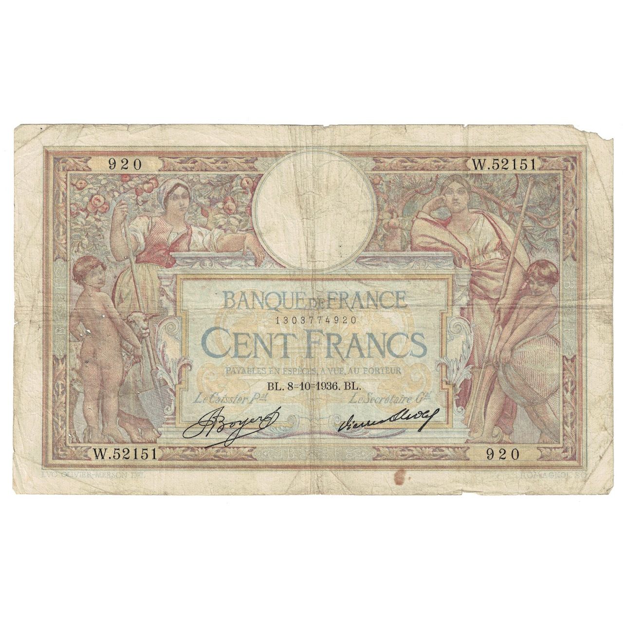 Francia, 100 Francs, Luc Olivier Merson, 1936, 1936-10-08, B+, KM:78c
