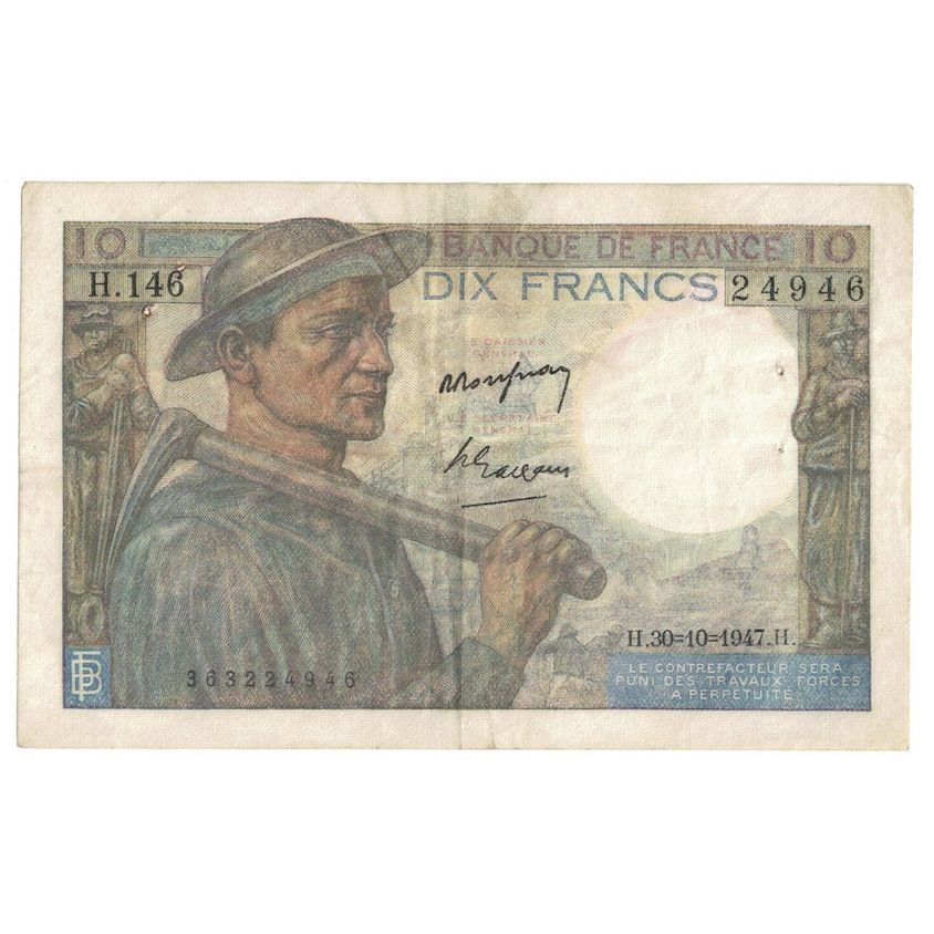 France, 10 Francs, Mineur, 1947, 1947-10-30, EF(40-45), Fayette:8.18, KM:99f