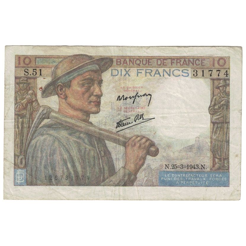Francja, 10 Francs, Mineur, 1943, 1943-03-25, VF(30-35), Fayette:8.8, KM:99e