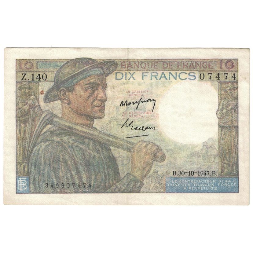 Francja, 10 Francs, Mineur, 1947, 1947-10-30, EF(40-45), Fayette:8.18, KM:99f