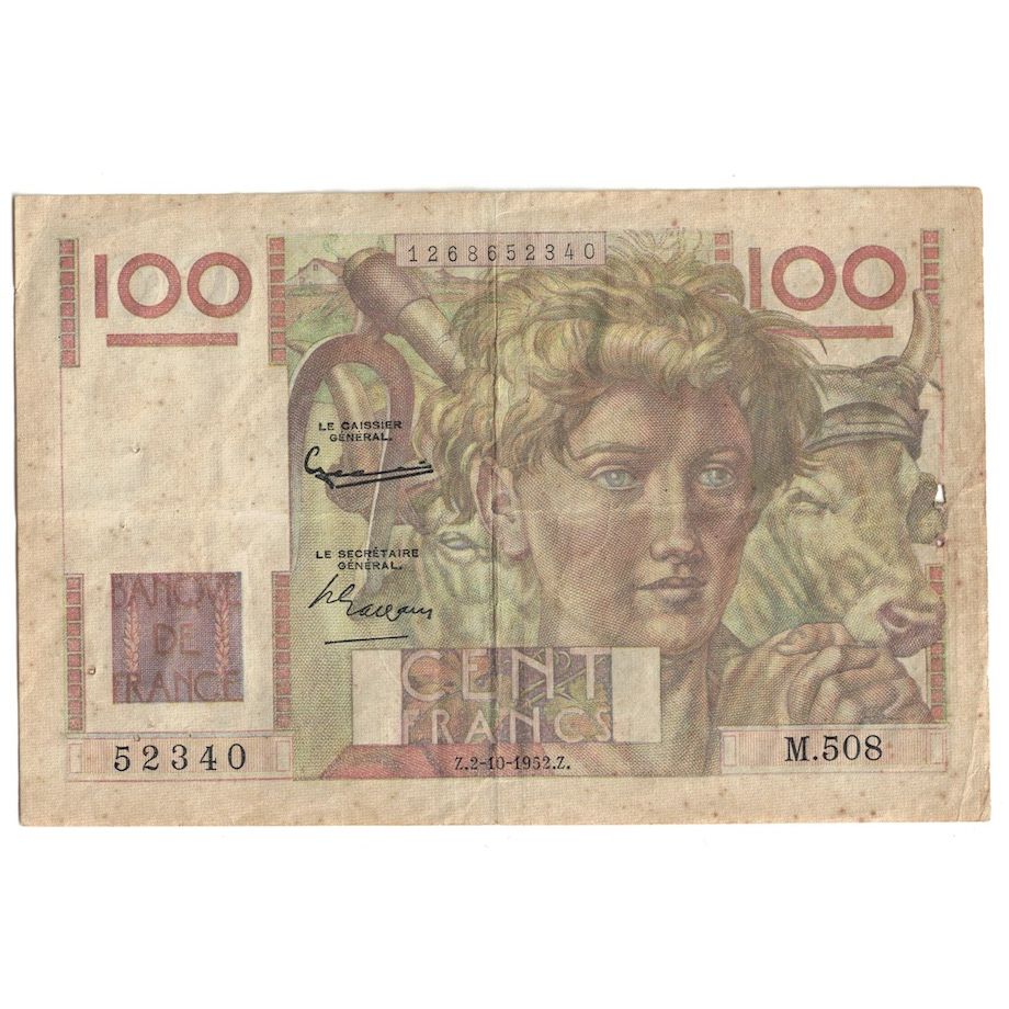 France, 100 Francs, Jeune Paysan, 1952, 1952-10-02, F(12-15), Fayette:28.34