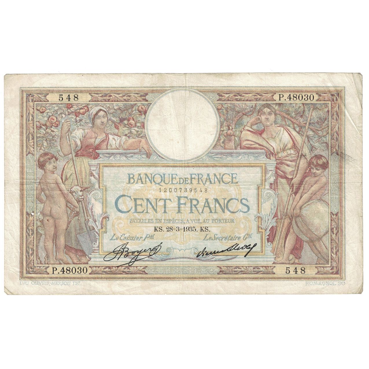 Francia, 100 Francs, Luc Olivier Merson, 1935, 1935-03-28, BB, Fayette:24.14