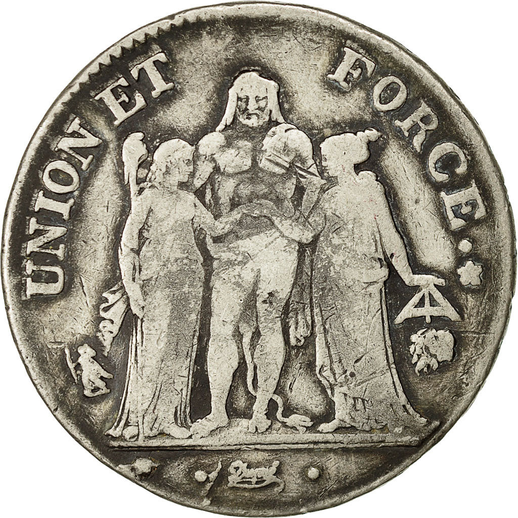 Monnaie, France, Union et Force, 5 Francs, AN 8, Bayonne, TB, Argent