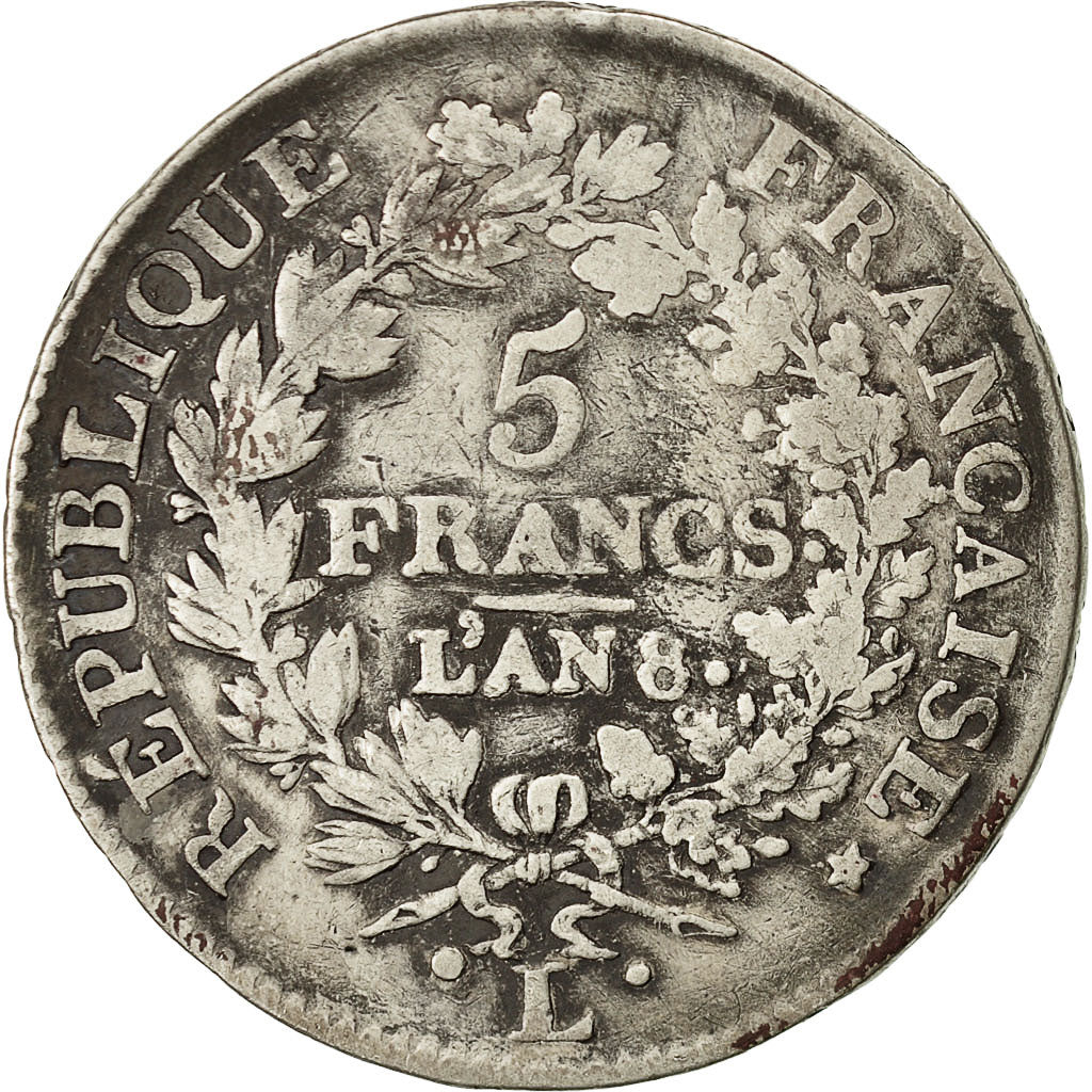 Monnaie, France, Union et Force, 5 Francs, AN 8, Bayonne, TB, Argent