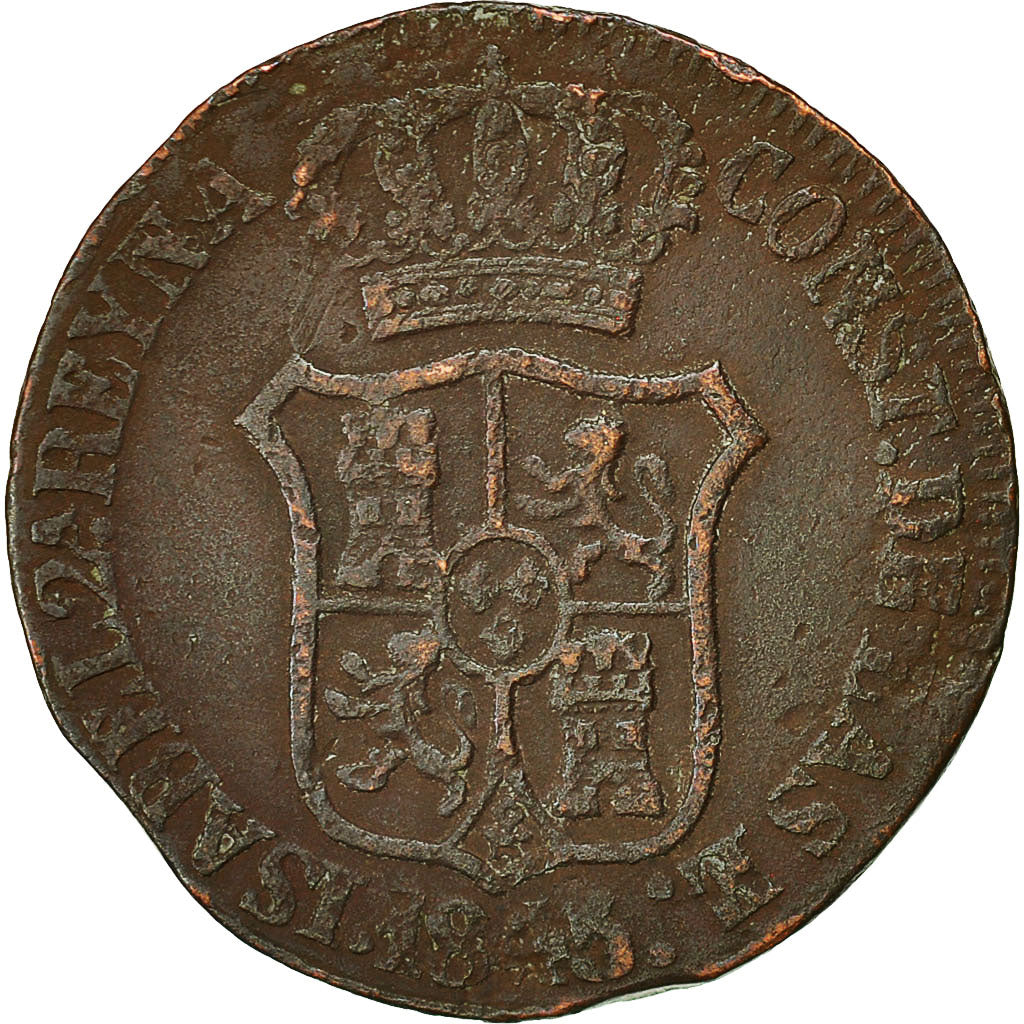 Moneta, Spagna, CATALONIA, Isabel II, 6 Quartos, 1843, Barcelone, MB+, Rame