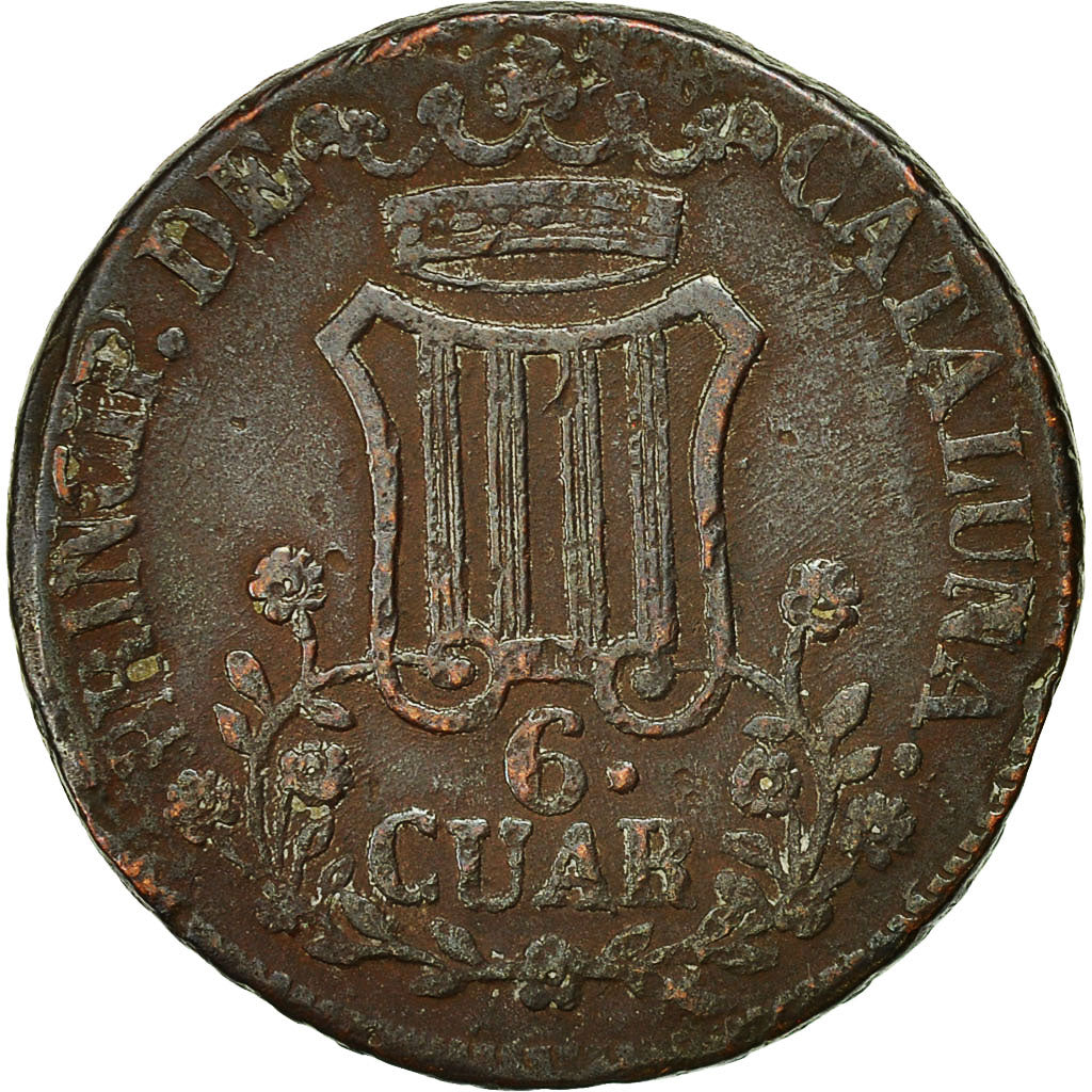Moneta, Spagna, CATALONIA, Isabel II, 6 Quartos, 1843, Barcelone, MB+, Rame