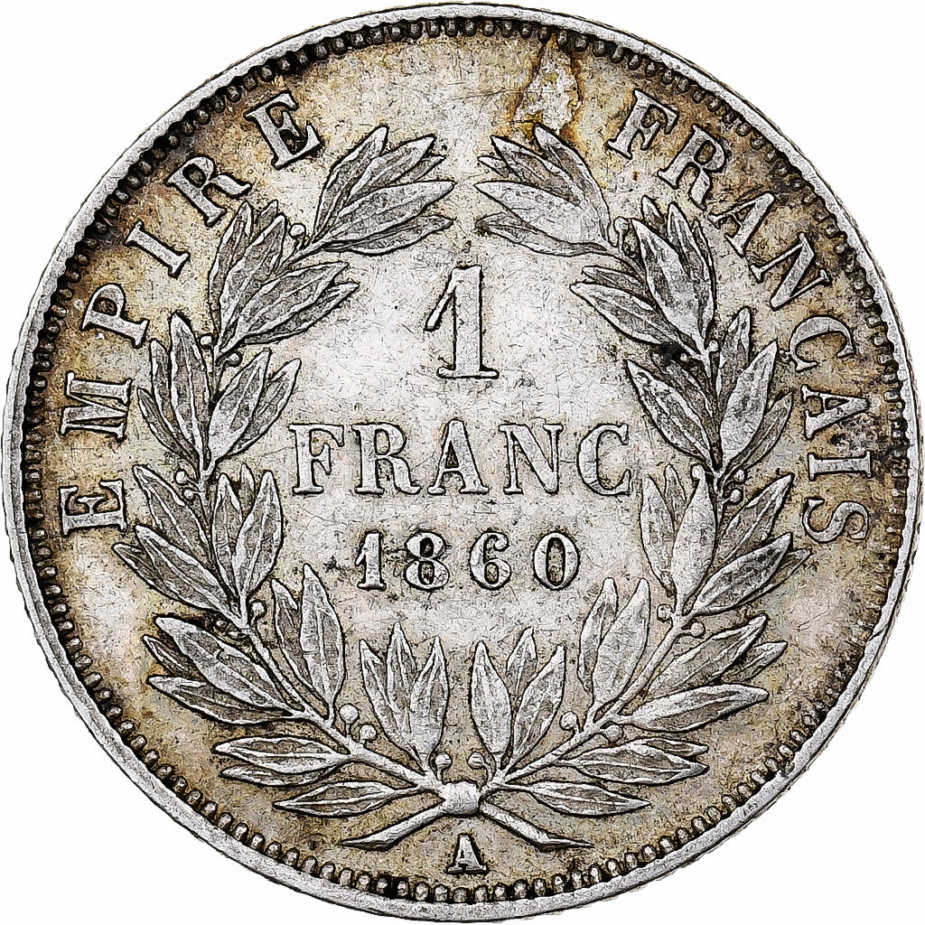 Francia, Napoleon III, 1 Franc, 1860, Paris, Plata, MBC+, Gadoury:460, KM:779.1