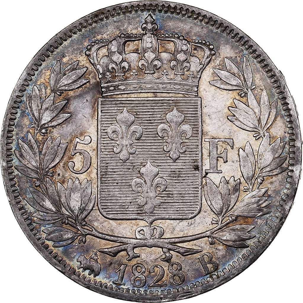 França, Charles X, 5 Francs, 1828, Rouen, Prata, EF(40-45), Gadoury:644