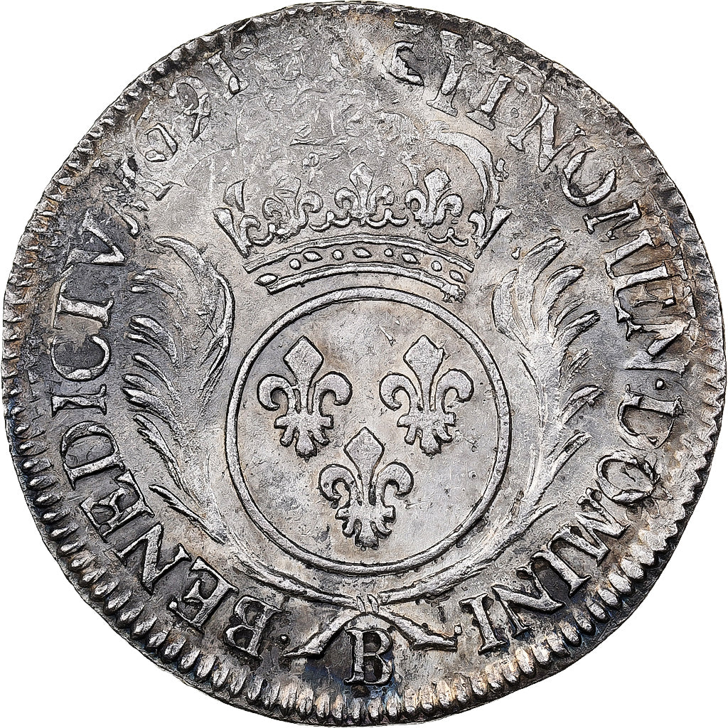France, Louis XIV, 1/2 Ecu aux palmes, 1697, Rouen, reformed, Silver, VF(30-35)