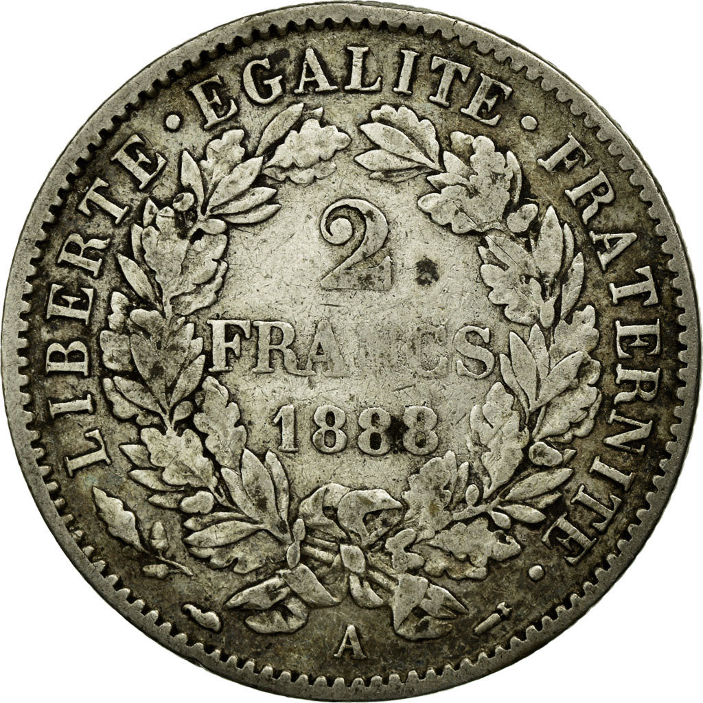 Moneda, Francia, Cérès, 2 Francs, 1888, Paris, BC+, Plata, KM:817.1