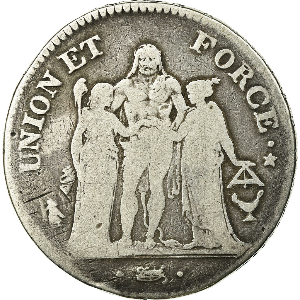 Moeda, França, Union et Force, 5 Francs, AN 6/5/4, Bordeaux, Rara, VF(30-35)