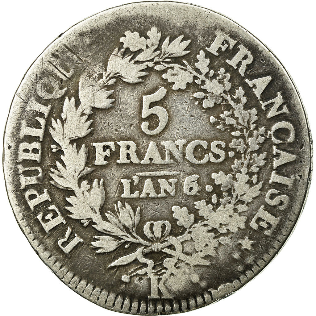 Moeda, França, Union et Force, 5 Francs, AN 6/5/4, Bordeaux, Rara, VF(30-35)