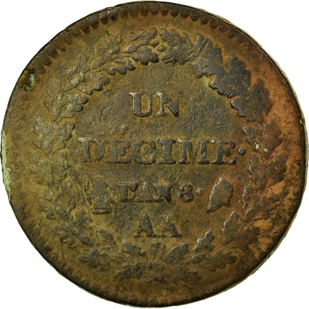 Monnaie, France, Dupré, Decime, AN 8, Metz, TB, Bronze, Gadoury:187a, KM:644.2